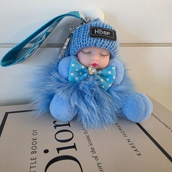 Cute Baby Sleeping Keychain with LOVE tag, Plush rabbit fur, Bag Charm - Picture 3 of 6